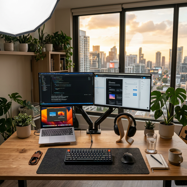 A sleek modern digital nomad workspace setup with dual monitors, mechanical keyboard, wireless headphones, plants and city view through large windows at golden hour, no people